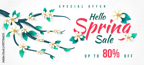 Spring Sale Banner with green leaf and colorful flowers. Vector Design for your greetings card, flyers,  web banner , invitation, posters, brochure, banners, calendar, spring sale.