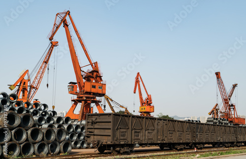 Stacking steel and crane, in railway transportation