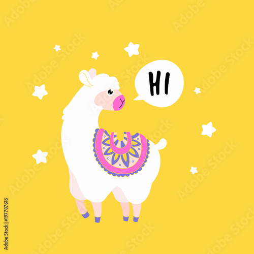 Cartoon lama character vector illustration. Funny animal print card.