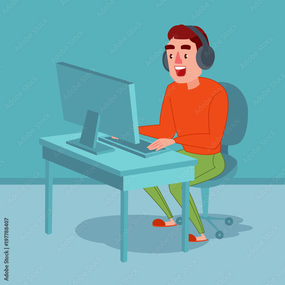 Happy Young Man with Headphones Playing Computer Game. Guy Gamer. Online Streaming. Vector illustration Happy Young Man with Headphones Playing Computer Game. Guy Gamer. Online Streaming. Vector illustration