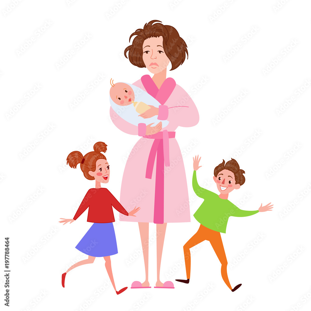 Desperate Mother with Newborn and Children. Tired Cartoon Woman and Romping Kids. Motherhood Concept. Vector illustration
