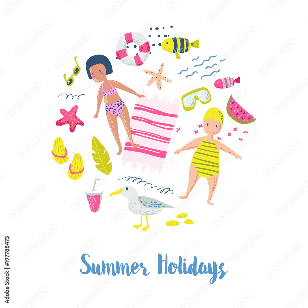 Childish Summer Beach Vacation Card with Kids, Fish and Birds. Cute Background with Sea Creatures for Decor, Greetings, Postcard, Poster. Vector illustration Childish Summer Beach Vacation Card with Kids, Fish and Birds. Cute Background with Sea Creatures for Decor, Greetings, Postcard, Poster. Vector illustration
