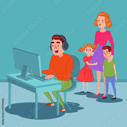Father Playing on Video Games. Computer Addicted Dad. Man Gamer. Family Problems Parenting Issues Concept. Vector illustration
