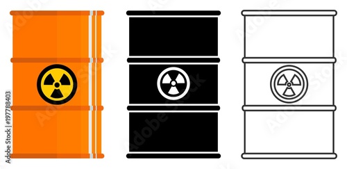 Industry concept. Set of different barrels for radioactive, toxic, hazardous, dangerous, flammable and poisonous substances isolated on white background in flat style: colored, black silhouette and