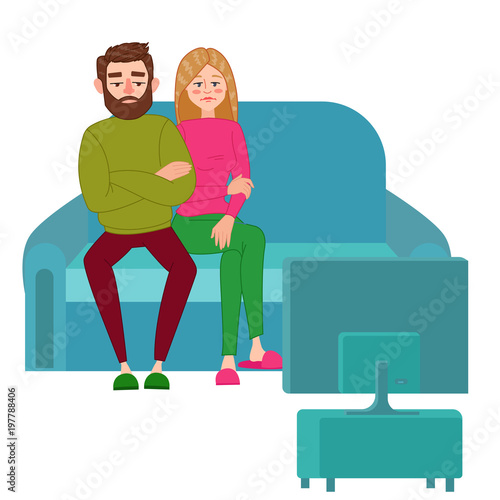 Unhappy Couple Watching TV. Television Addiction. Tired Husbands Sitting on Sofa behind TV Set. Vector illustration