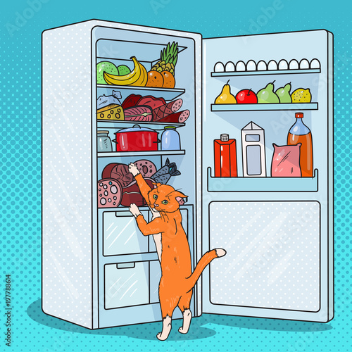 Pop Art Cat Steals Food from Refrigerator. Hungry Pet in Fridge. Vector illustration