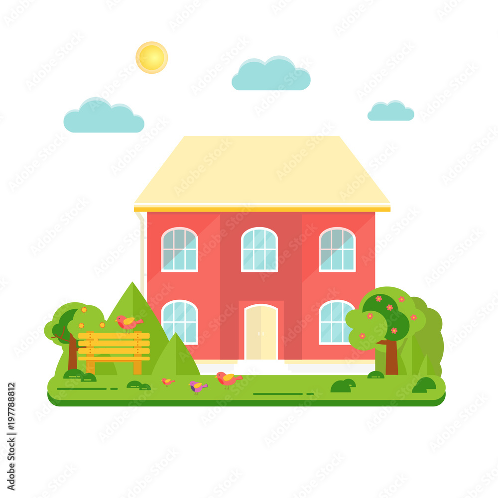 Fototapeta premium Abstract spring background with cozy home, house, cottage, with trees, flowers, bench