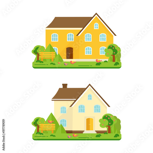 Abstract spring background with cozy home, house, cottage, with trees, flowers, bench