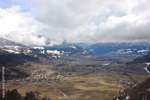 Aerial view of Malles in Val Venosta valley, Italy. South Tyrol, Trentino Alto Adige