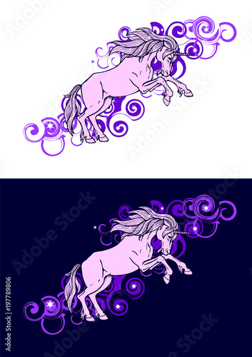 unicorn jumping  among the purple clouds and stars   vector illustration