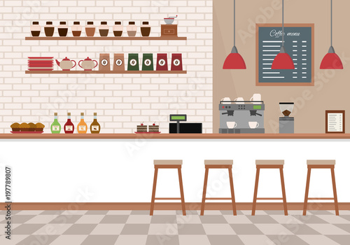 Empty cafe interior. Coffee shop with white bar counter, shelves and equipments. Flat design vector illustration.

