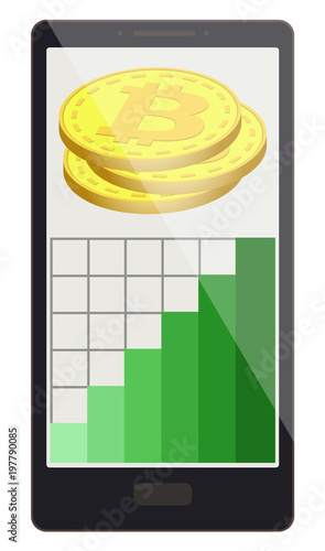 bitcoin coins with growth graph on a phone screen