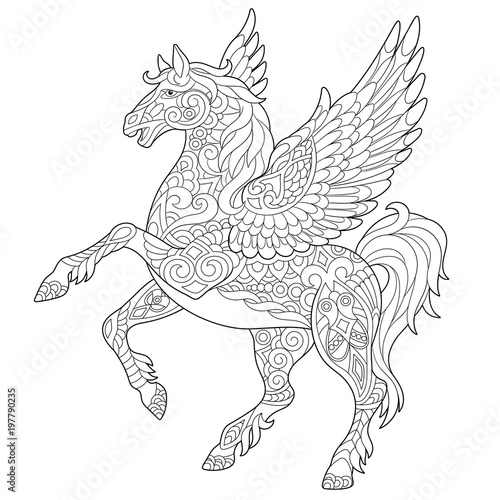 Pegasus - Greek mythological winged horse flying. Coloring page. Coloring book. Antistress freehand sketch drawing with doodle and zentangle elements.