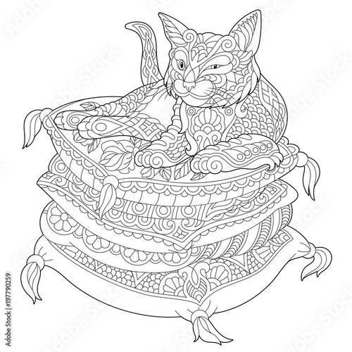 Cat Coloring Page. Adult Coloring Book idea. Antistress freehand sketch drawing with doodle and zentangle elements.
