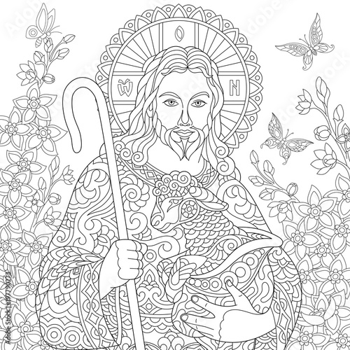 Jesus Christ with a lamb. Portrait of christian biblical character with floral background. Easter Coloring Page. Coloring Book. Antistress freehand sketch drawing with doodle and zentangle elements.