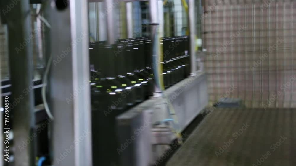 Packing of wine dark bottles in the workshop of the glass factory. Production of glass wine bottles. Wine bottles move along the conveyor in the packaging shop. Packing of products. Packing of wine dark bottles in the workshop of the glass factory. Production of glass wine bottles. Wine bottles move along the conveyor in the packaging shop. Packing of products.