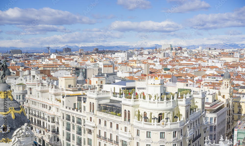 Panoramic aerial view of Gran Via, main shopping street in Madrid, capital of Spain, Europe.