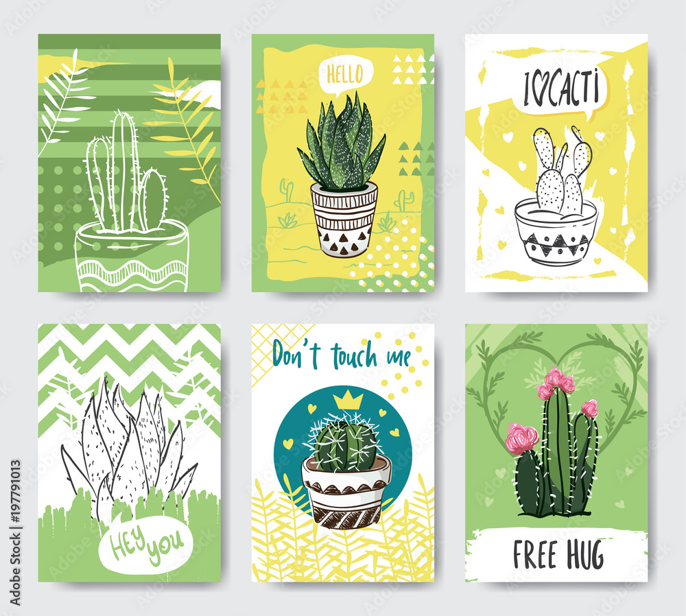 Cute and creative cactus card template with hand drawn style Cute and creative cactus card template with hand drawn style