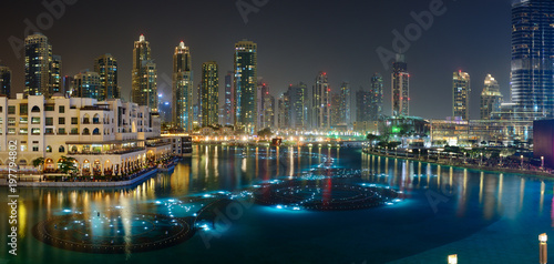 Skyscrapers of Dubai Downtown at nignt