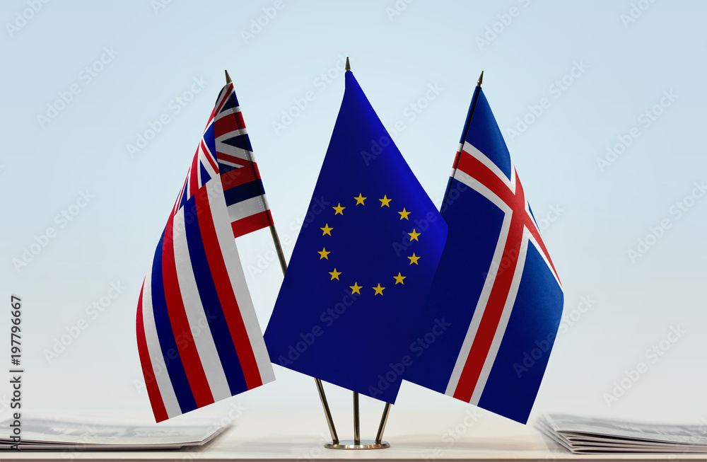 Flags of Hawaii European Union and Iceland