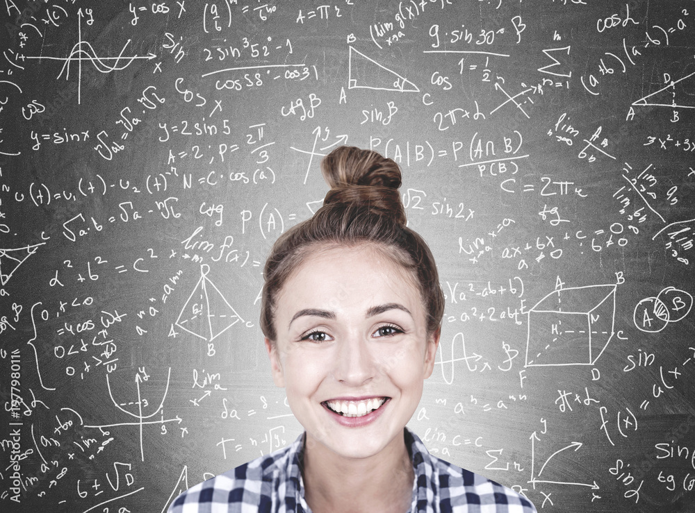 Smiling young woman with a bun, formula Smiling young woman with a bun, formula