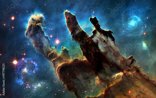 Fototapeta Naklejka Na Ścianę i Meble -  Deep space. Pillars of Creation and galaxies. Image in 5K resolution for desktop wallpaper. Elements of the image are furnished by NASA