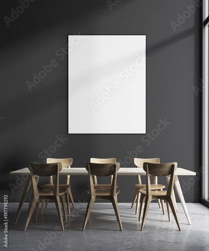 Fototapeta Naklejka Na Ścianę i Meble -  Gray dining room, wooden table, poster
