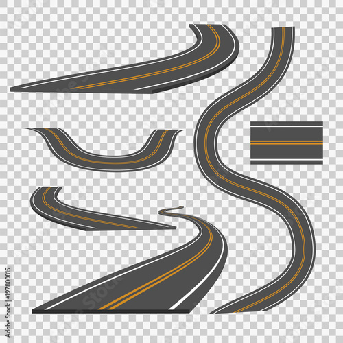 Winding curved road direction or highway with markings.