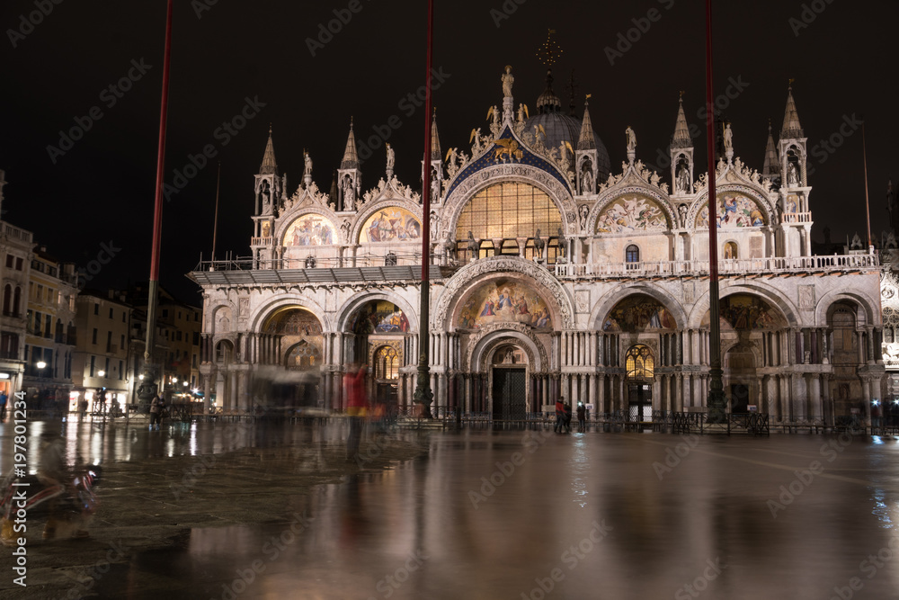 Basilica in San Marco square in Venice during aqua alta