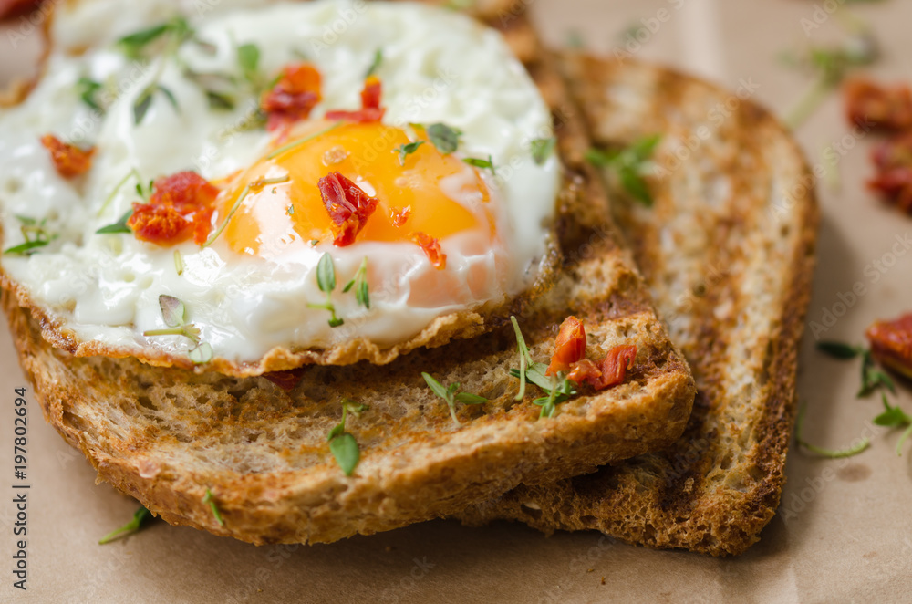 Eggs and fried wholemeal bread, breakfast.