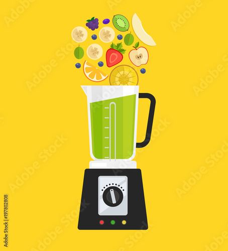 Electric blender mixer machine making detox diet juice with fruit apple banana kiwi strawberry gooseberry melon and pineapple. Healthy morning breakfast nutrition concept. Vector flat cartoon isolated