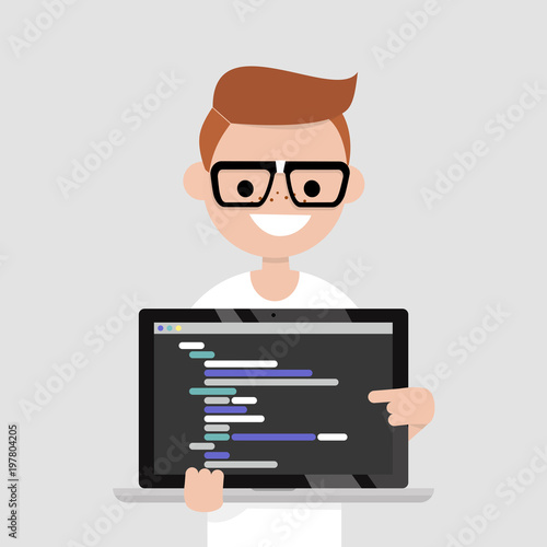 Young programmer pointing on the laptop screen. Programming code. Technology / flat editable vector illustration, clip art
