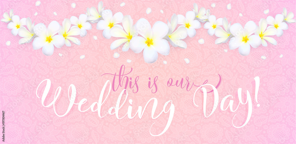 Wedding day vector card template with lacy pink background and frangipani flowers