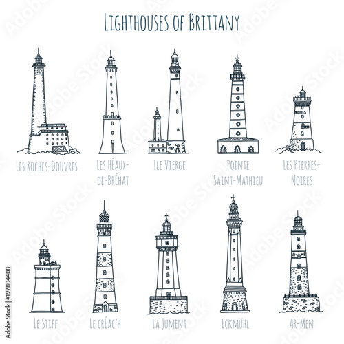 Set of hand drawn vector sketch style famous lighthouses of Brittany