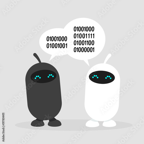 Digital conversation between two cute robots. Data exchanging, conceptual illustration. Flat editable vector, clip art