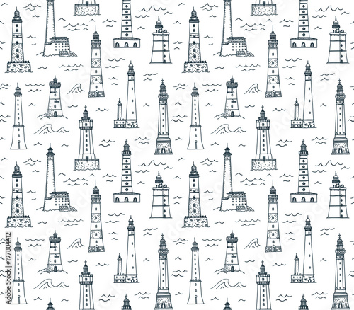 Hand drawn doodle sketch style lighthouses vector seamless pattern