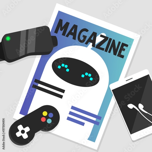 Digital still life. Electronic gadgets and magazine with cute white robot on the cover. Flat editable vector illustration, clip art
