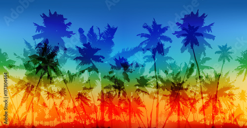 Rainbow colors palms silhouettes vector vintage seamless pattern