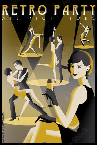 Retro Party invitation card. Handmade drawing vector illustration. Art Deco style.