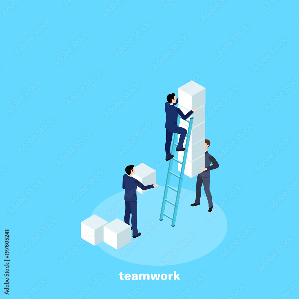 men in business suits raise large square blocks to the top of the structure, an isometric image men in business suits raise large square blocks to the top of the structure, an isometric image