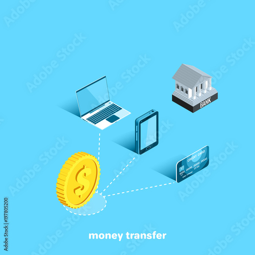 a gold coin next to a laptop and a phone on a blue background, an isometric image