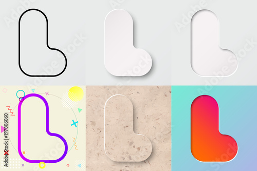 vector illustration set of cute bold rounded letter l with outline, 3d paper cut, embossing, neo memphis, kraft paper, summer sunset sky gradient effect with transparent shadow