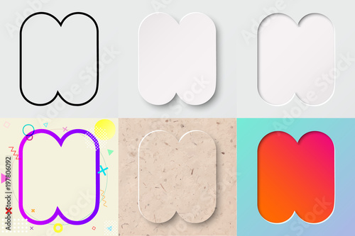 vector illustration set of cute bold rounded letter n with outline, 3d paper cut, embossing, neo memphis, kraft paper, summer sunset sky gradient effect with transparent shadow