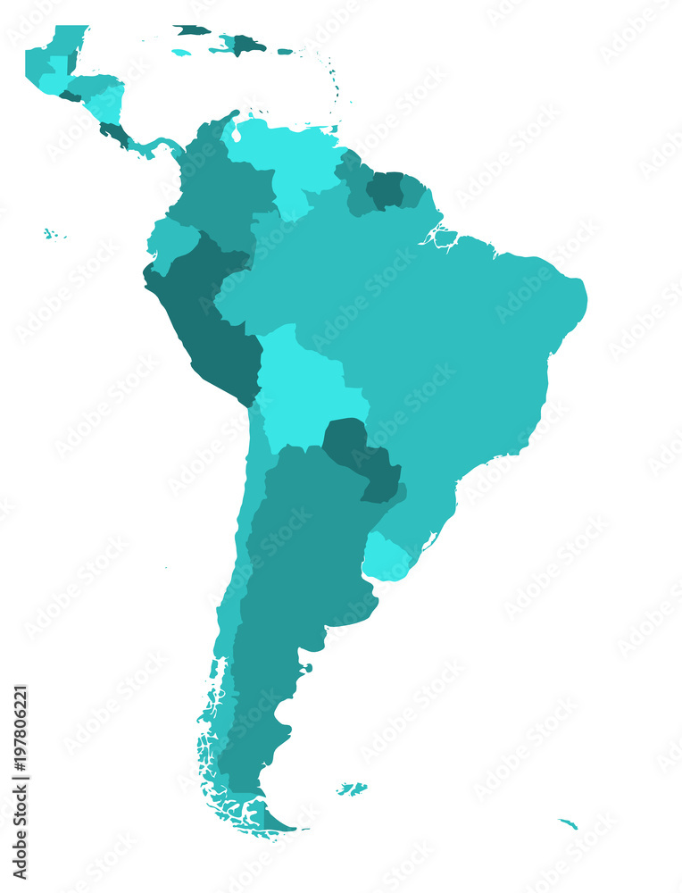 Fototapeta premium Political map of South America. Simple flat blank vector map in four shades of turquoise blue.