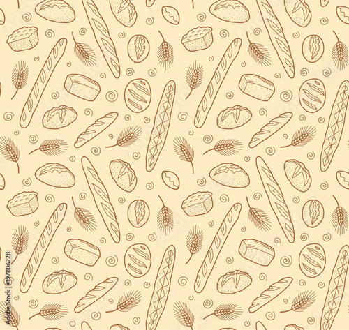 Vector doodle sketch style breads and baguettes bakery seamless pattern