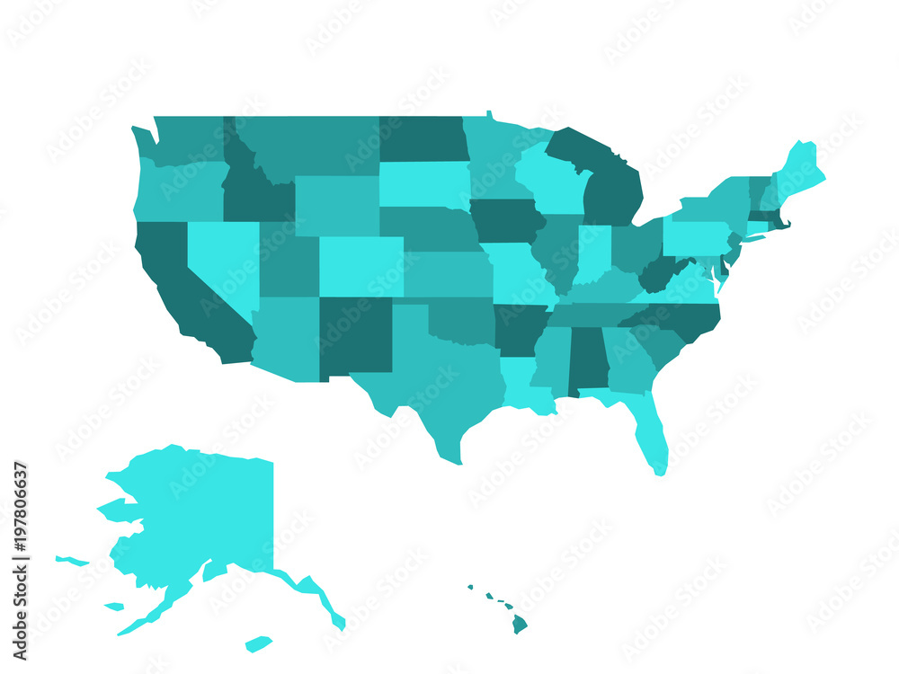 Fototapeta premium Blank map of United States of America, USA, divided into states in four shades of turquoise blue. Simple flat vector illustration on white background.