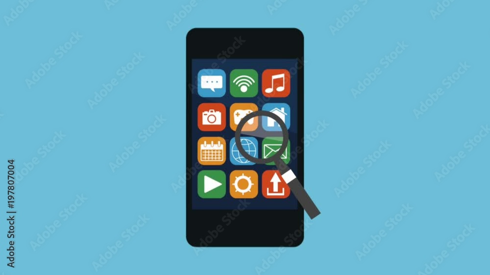 smartphone with menu applications and magnifying glass animation illustration smartphone with menu applications and magnifying glass animation illustration
