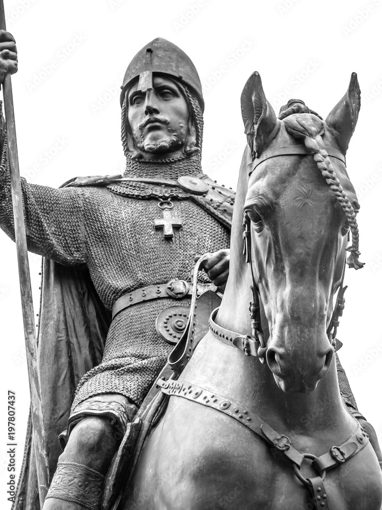 Obraz premium Detailed view od Statue of Saint Wenceslas, Wenceslas Square, Prague. Black and white image.