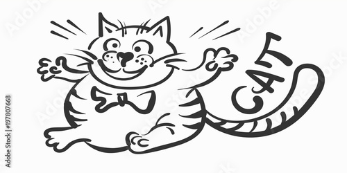 Fototapeta Naklejka Na Ścianę i Meble -  Happy cat, drawing. Cartoon black icon on white backdrop. Doodle cartoon style. Animal print. Cute cat for your design, vector