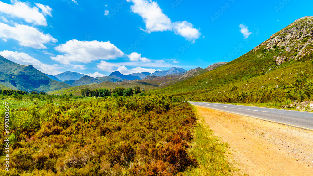 Naklejka premium View from the southern end of the Franschhoek Pass, beside the Theewaterkloofdam, looking toward the Wemmershoek and Franschhoek Mountain ranges in the Western Cape province of South Africa